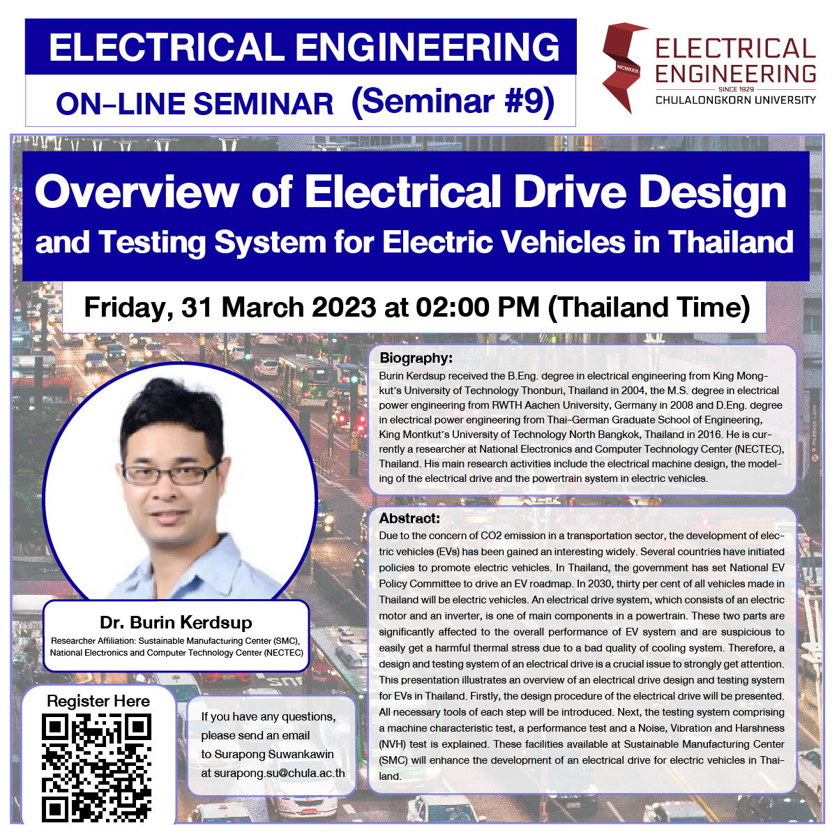 ELECTRICAL ENGINEERING ON-LINE SEMINAR (Seminar #9) "Overview of Electrical Drive Design and Testing System for Electric Vehicles in Thailand"