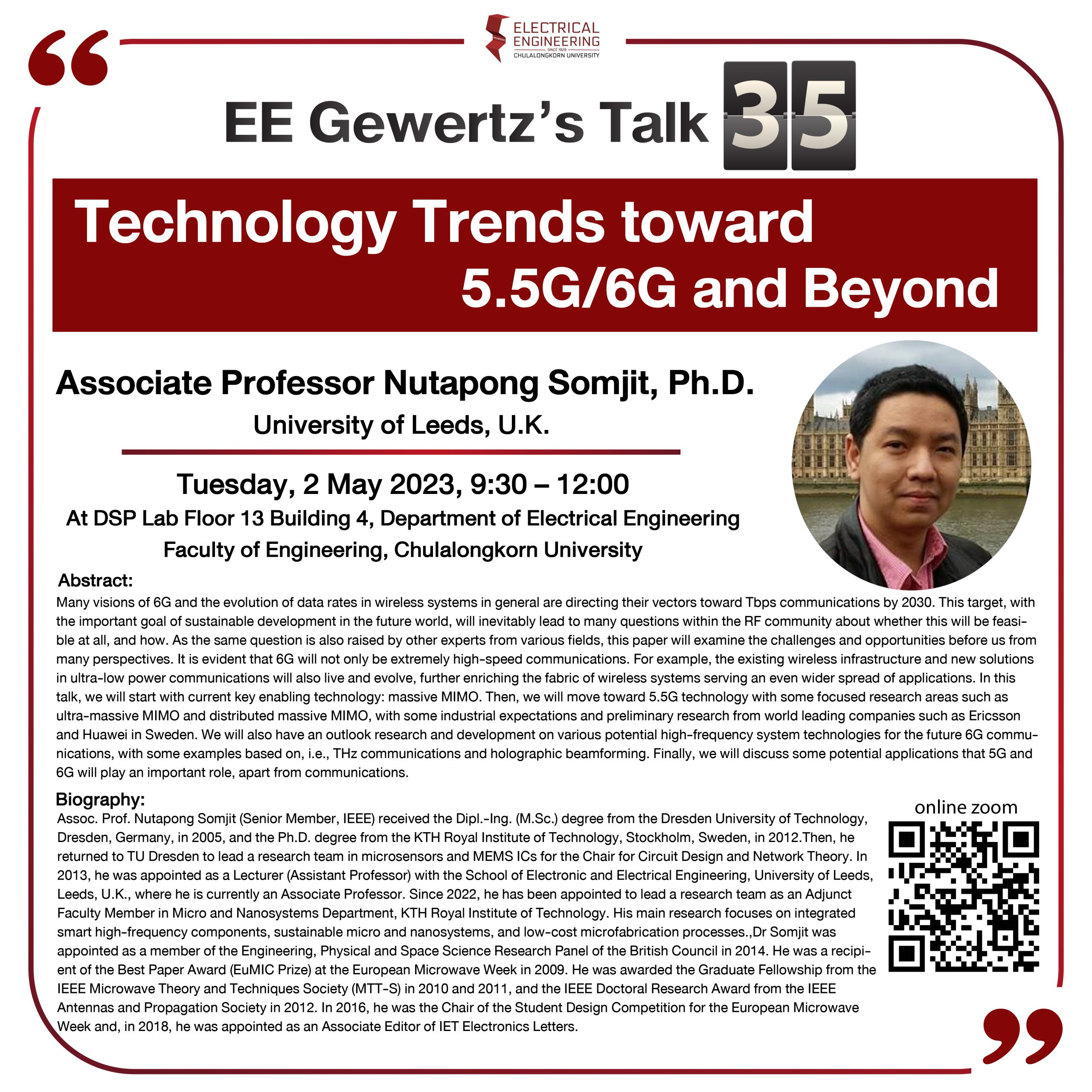 EE Gewert Talk 35 "Technology Trends toward 5.5G/6G and Beyond” by Associate Professor Nutapong Somjit, Ph.D. University of Leeds, U.K.