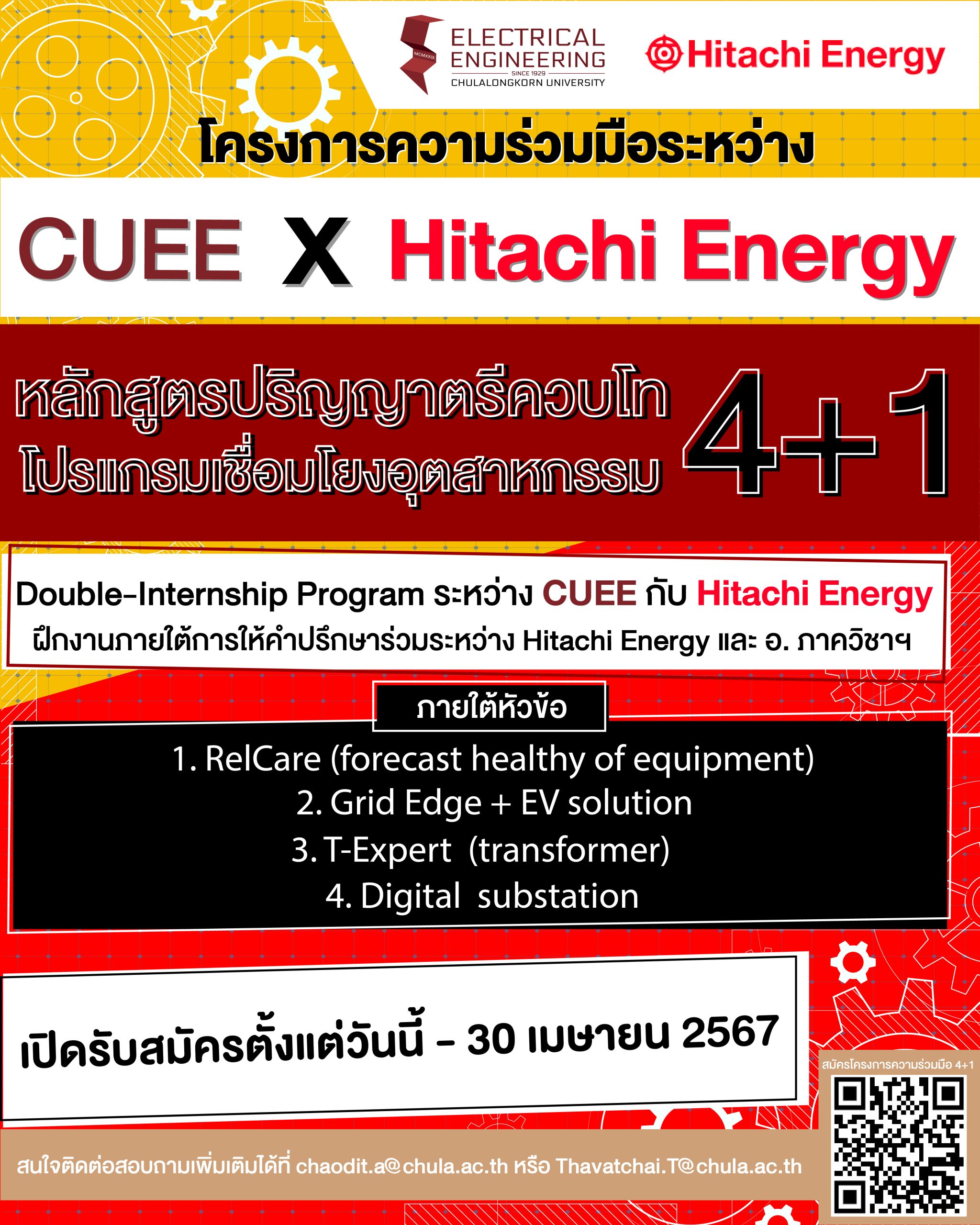 รับสมัครหลักสูตรปริญญาตรีควบโท 4+1 โปรแกรมเชื่อมโยงอุตสาหกรรม CUEE x Hitachi Energy สมัครตั้งแต่วันนี้ – 30 เมษายน 2567