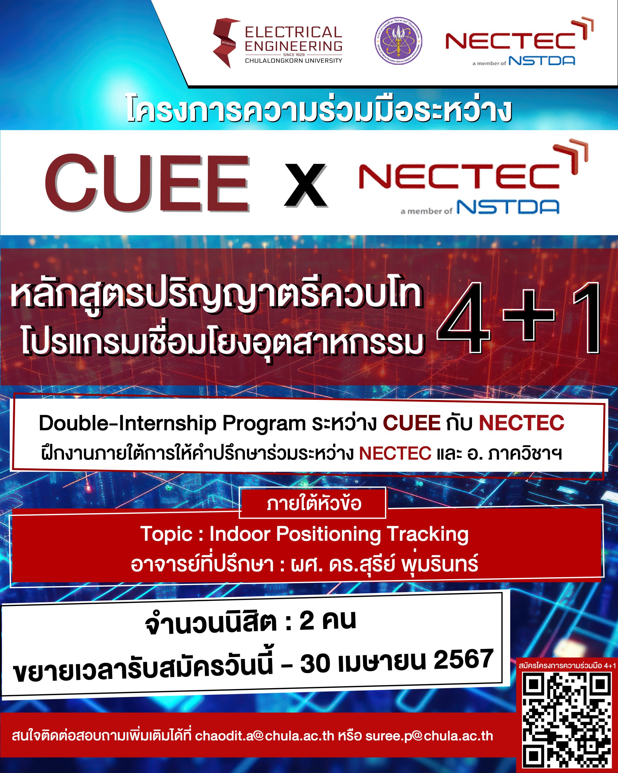 ขยายเวลารับสมัครหลักสูตรปริญญาตรีควบโท 4+1 โปรแกรมเชื่อมโยงอุตสาหกรรม CUEE x NECTEC สมัครตั้งแต่วันนี้ – 30 เมษายน 2567